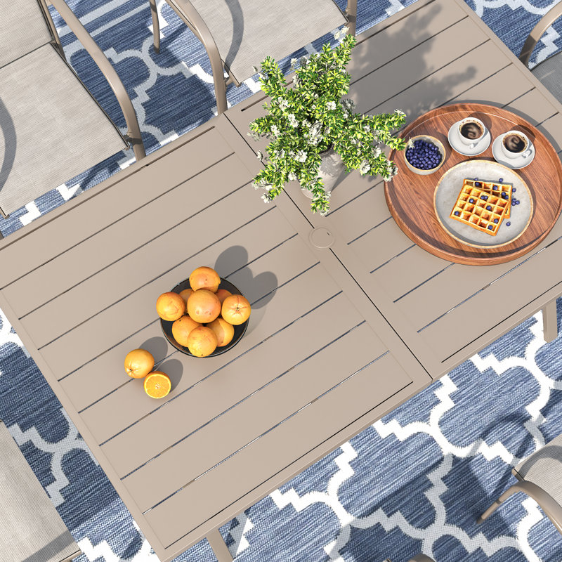 70.9" Rectangular Outdoor Dining Table with Umbrella Hole, Sandshell, 28" H x 70.9" W x 37.8" D