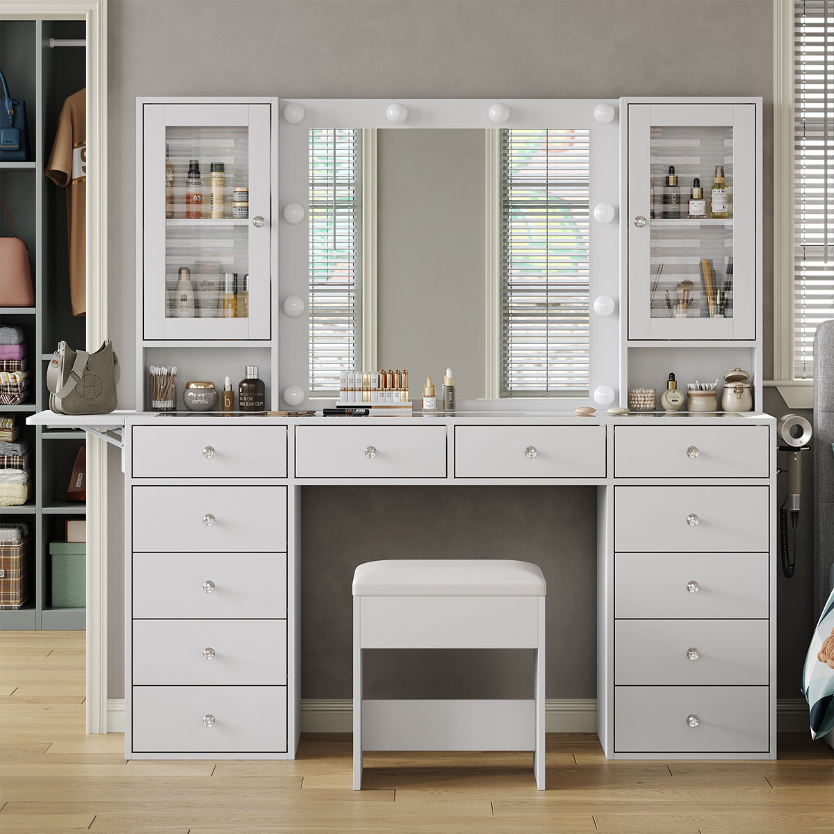 Vanity With Power Outlet, Makeup Desk With Mirror And 10 LED Lights, Vanity Desk With 12 Drawers And 2 Cabinets, Vanity Set With Fold-Up Panel, Glass