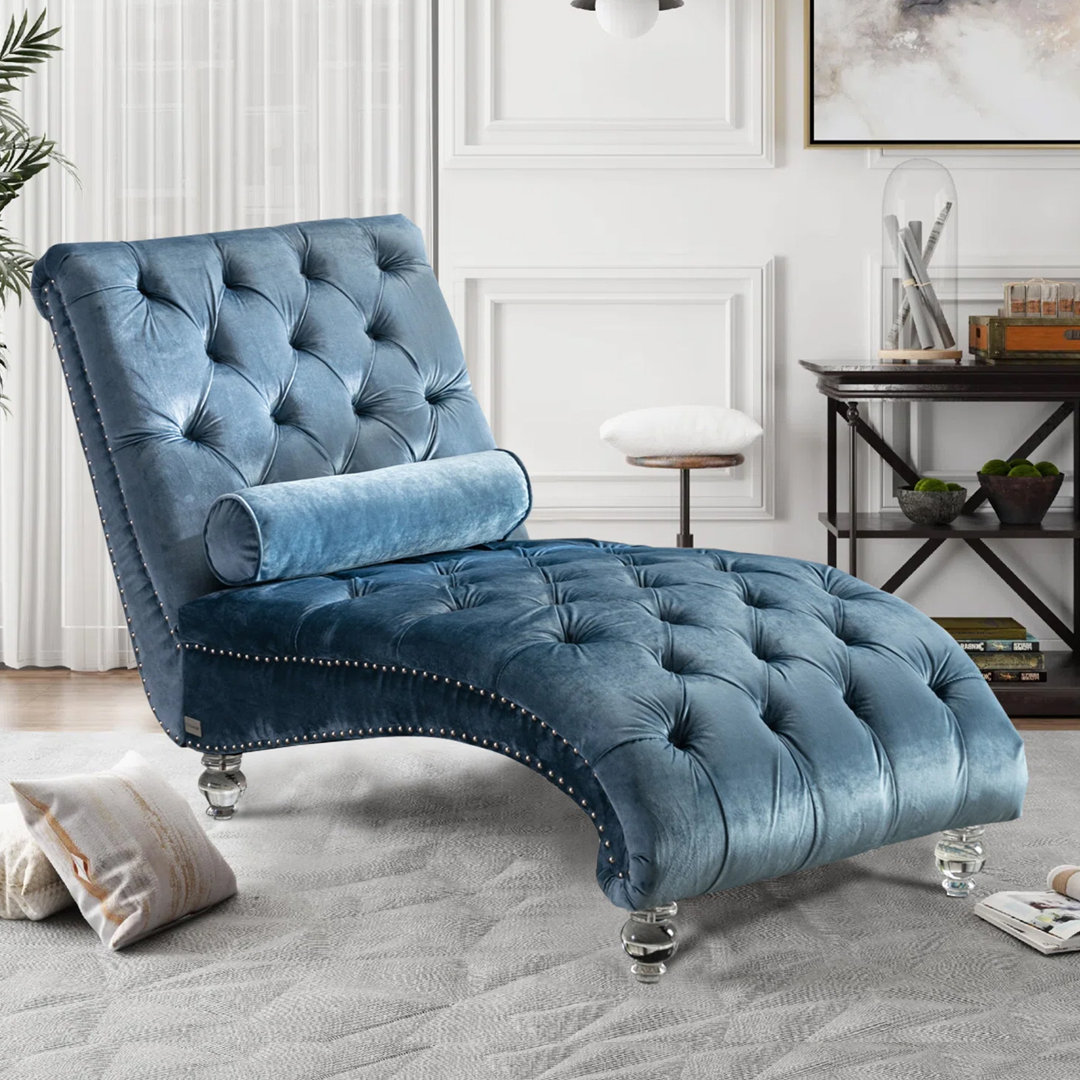 Danuta 29" Wide Armless Upholstered Tufted Chaise Lounge Chair with Lumbar Pillow and Nailhead Trim Rosdorf Park Body Fabric: Light Blue Velvet