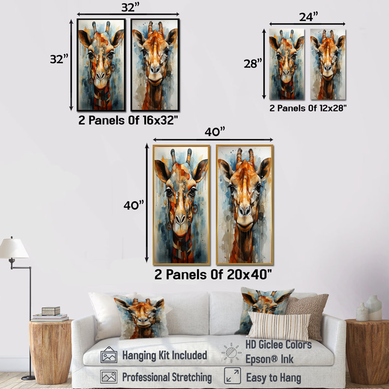 Girafe moderne - ensemble de 2 reproductions d'art sur toile girafe, Toile tendue, H 28 po x l 25 po
