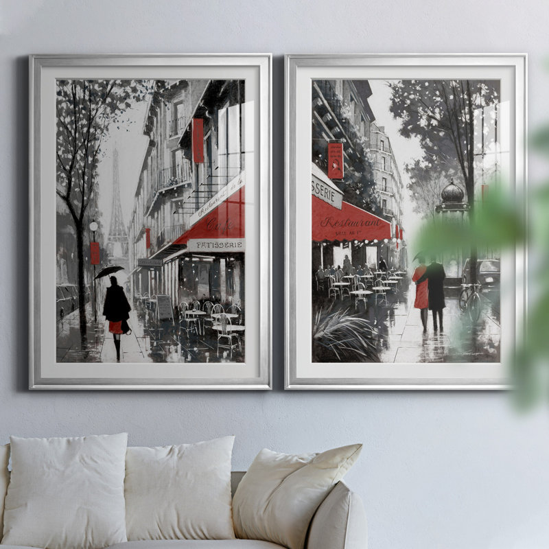 «Rainy Paris I», ensemble de 2 reproductions d'art, H 26,5 po x l 73 po x P 1,5 po, Papier avec cadre argenté, Blanc