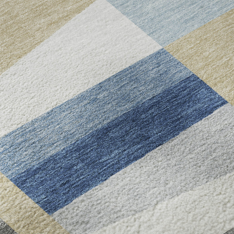 Tapis géométrique de qualité supérieure lavable à la machine Mayfield, Bleu, 5 pi x 7 pi 6 po