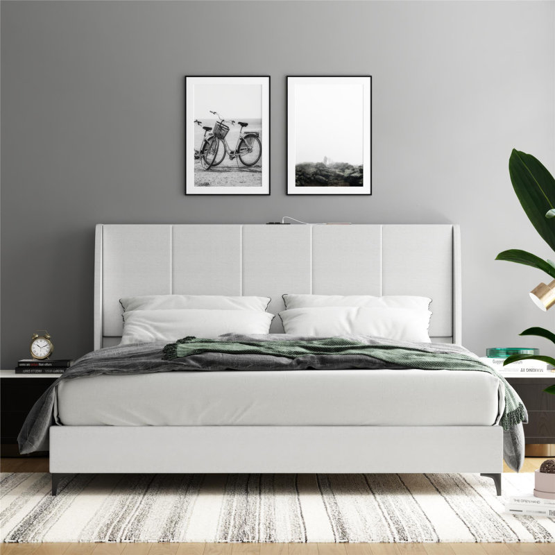 Santresa Upholstered Wingback Bed Frame with USB, Light Gray, King