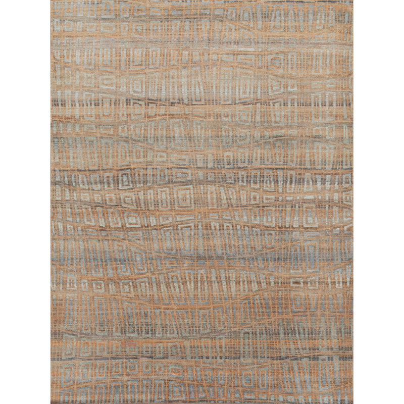 High-Quality Hand-Knotted Orange And Grey Area Rug, Rectangle 8' x 10'