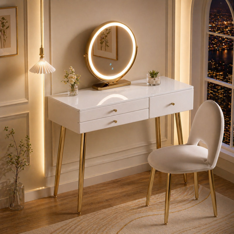Vanity Desk Set With Led Lighted Mirror & Chair, Makeup Table with 3 Drawers, Dresser Table for Bedroom, White and Gold