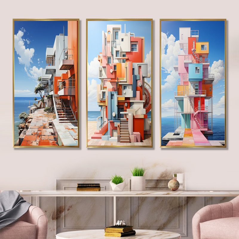 Phare de Stijl Lansdcape - ensemble d'art mural sur toile océan 3 pièces, Cadre flottant doré, H 28 po x l 36 po