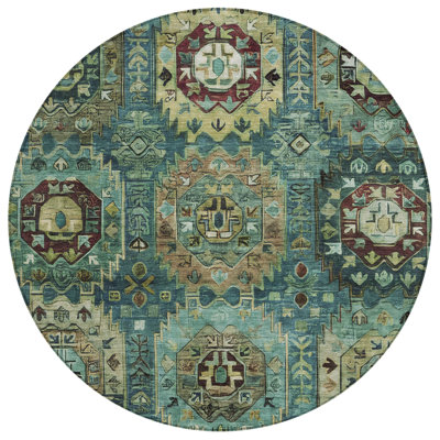 Machine Washable Indoor/Outdoor Xhevrie Teal Rug