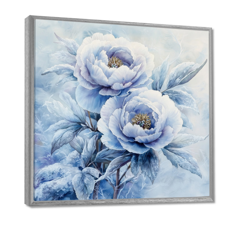 Pivoine bleue glacée - art mural pivoines, H 36 po x l 36 po, Impression encadrée flottante, Argent argent