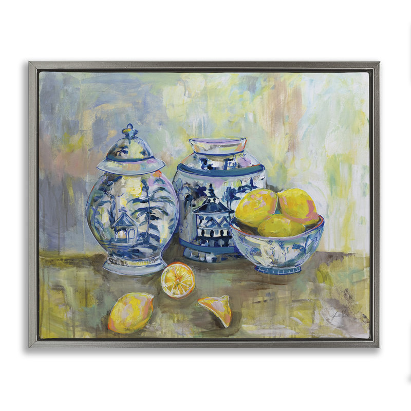 Citrons et poterie, peinture classique encadrée grise par Jeanette Vertentes, Cadre flottant gris lustré, H 31 po x l 25 po