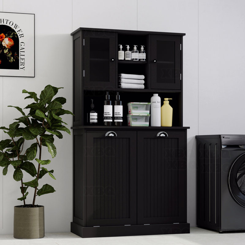 Two-Compartment Tilt-Out Dirty Laundry Basket Tall Bathroom Cabinet With 2 Adjustable Shelves, Black