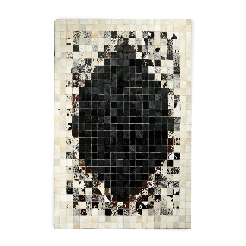 Tapis en cuir de vache noir et beige, Rectangle 8 pi 10 po x 12 pi