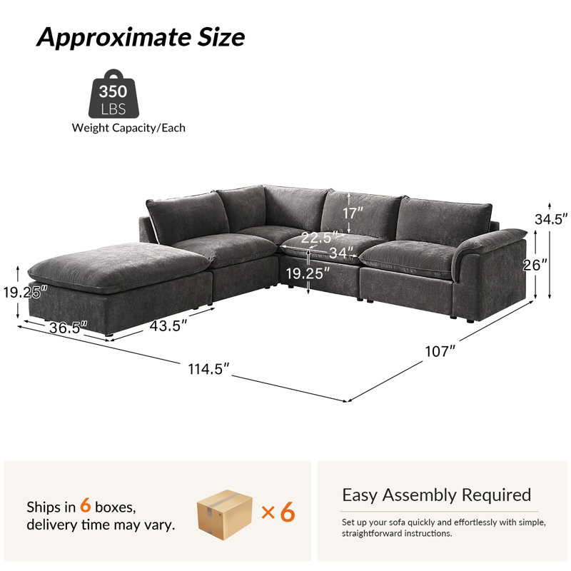 Cioffi 114"W Oversized L Shaped 5 Piece Modular Cloud Sectional Sofa with Removable Cushion Cover, Gray Polyester