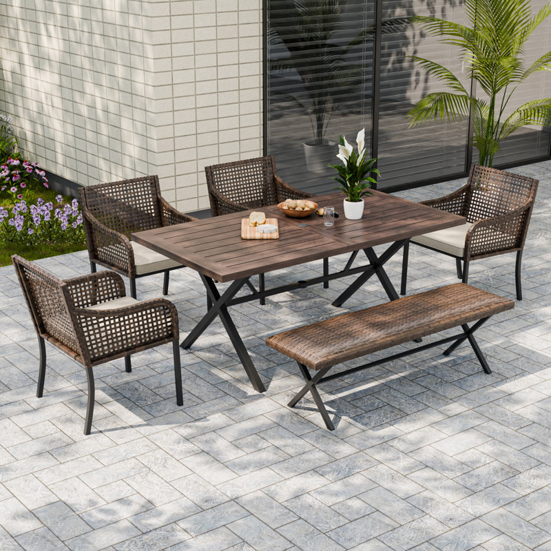 6 Pieces Patio Dining Sets with Rectangular Table & Bench