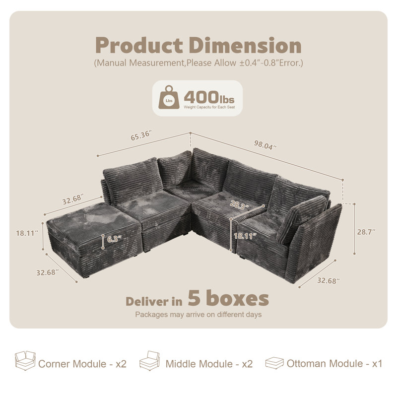 Canapé-lit modulaire 98 "avec repose-pieds modulaire 98" pour salon, bureau ou chambre à coucher