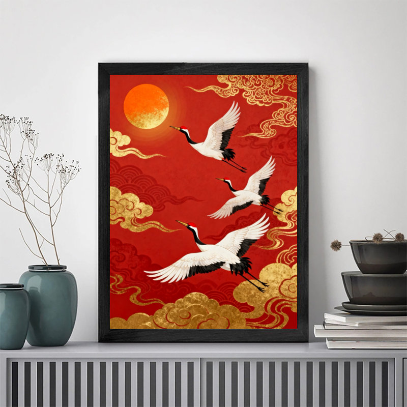 «Black Cranes Vintage Cranes» déploient leurs ailes et volent - longévité et bon augure, reproduction d'art encadrée de style rétro
