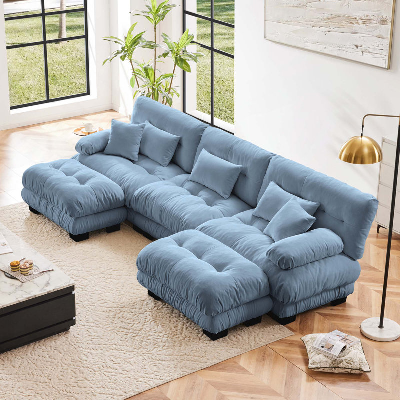 Canapé modulaire à 3 places avec 2 repose-pieds convertibles pour salon, appartement, studio et bureau, Blue