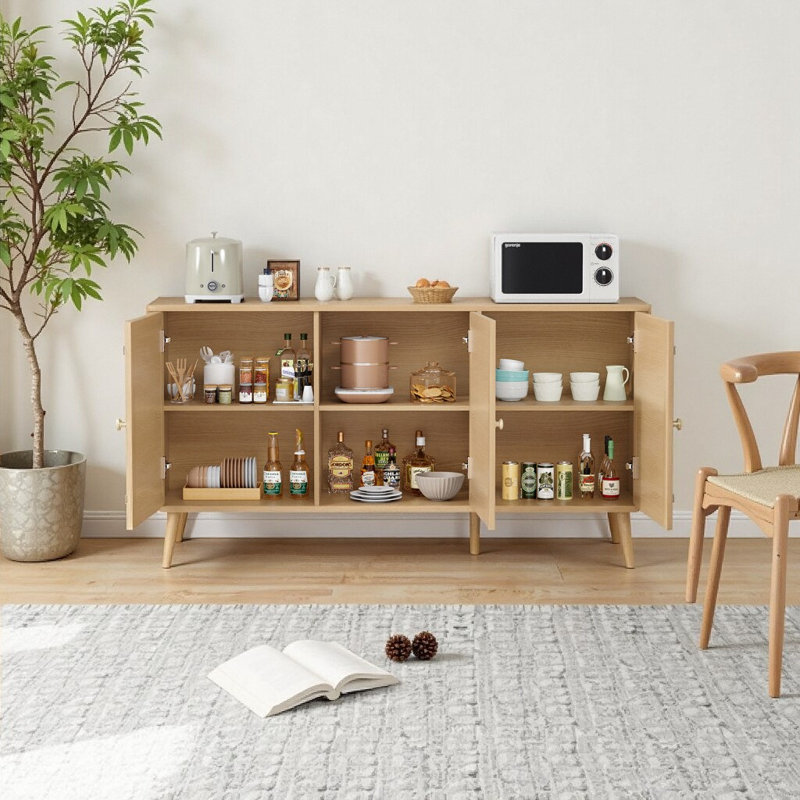 Natural Rattan 3-Door Large Console Cabinet for Entryway, Living Room & Kitchen Storage, Natural