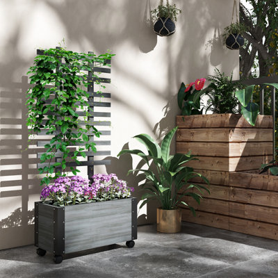 58" Wooden Raised Garden Encouraging Cart With Trellis And Wheels, , For Gardens, Gray Sprinkling Greenery,