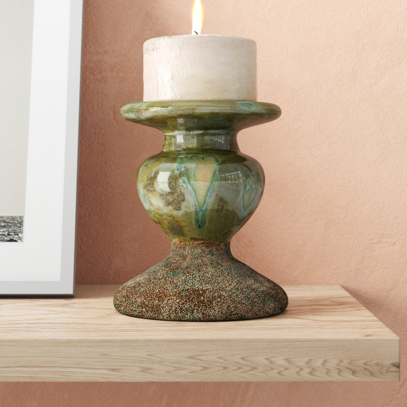 Waikiki Earthenware Tabletop Candlestick, Distressed Green, 5.3" H x 4.5" W x x 4.5" D