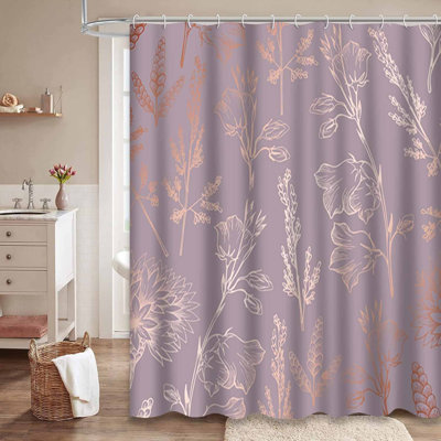 Rose Elegant Decorative Floral Gold Shower Curtain with 12 Hooks