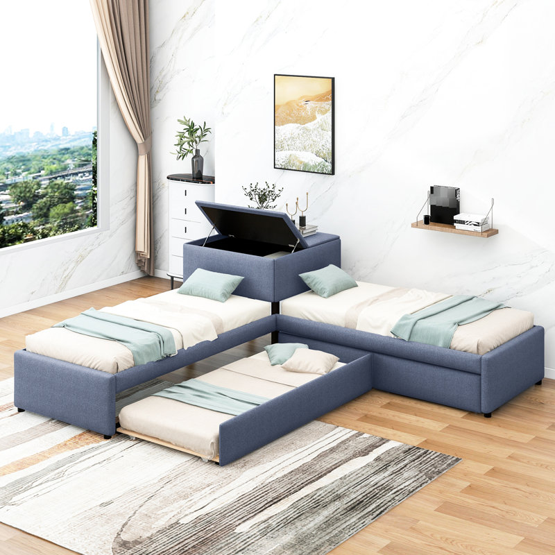 Lit simple en forme de L gris avec bureau intégré et lit gigogne - Tiroirs pour un rangement soigné
