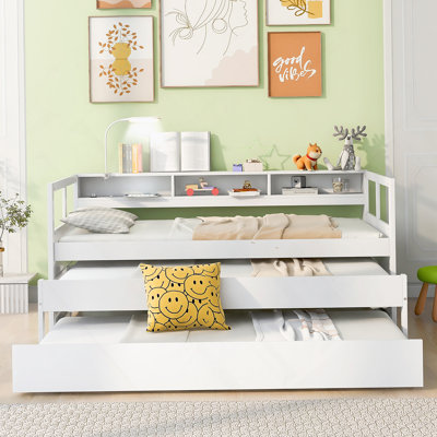 Wood Daybed with 2 Trundles, 3 Storage Cubbies, 1 Light and USB Charging Design
