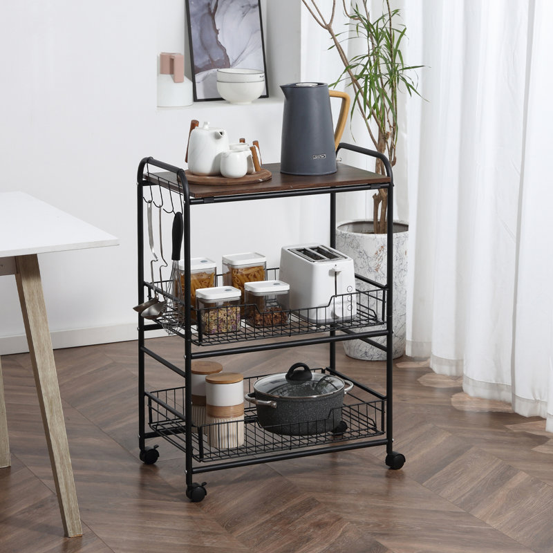 Chariot pour îlot de cuisine à 3 niveaux avec crochets, noyer, 2 glissières et rangement, conception à micro-ondes fonctionnelle