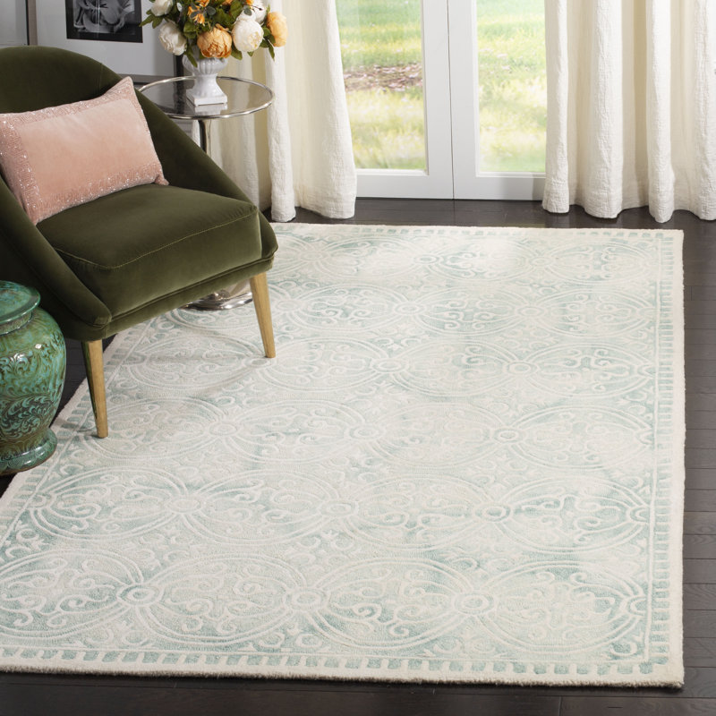 Oakton Hand Tufted Wool/Cotton/Latex Geometric Rug in Light Green/Ivory, Rectangle 5' x 8'