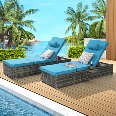 Outdoor Chaise Lounge Chair Set Of 2 With Storage Patio Pool Chairs Tanning Lounges For Outside,Beach Rattan Recliners With Adjustable Backrest, Table, Cushion For Poolside Backyard Garden