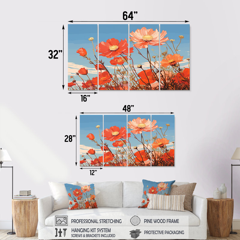 Visconti - ensemble d'art mural coquelicot 4 pièces, H 32 po x l 64 po