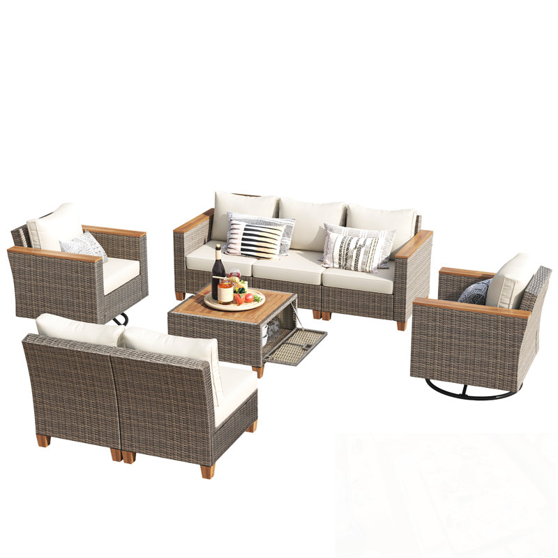 Ensemble modulaire d'extérieur 8 pièces avec chaises berçantes pivotantes et table de rangement, Beige