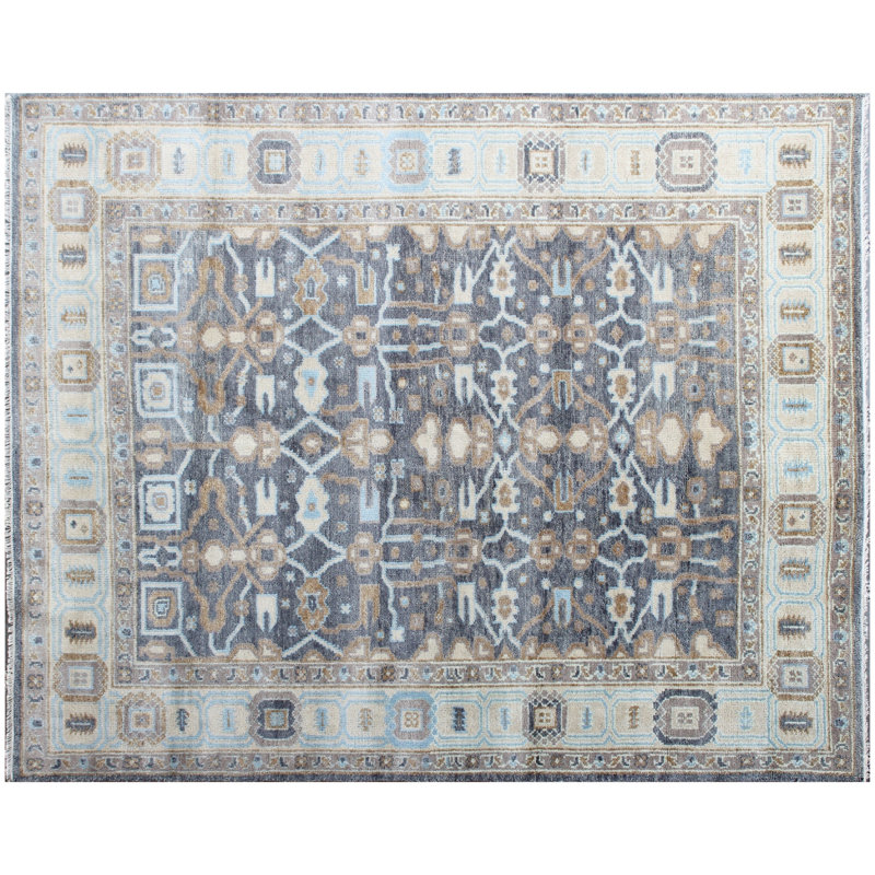Hand Knotted Grey Light Blue Oushak Wool Rug – Geometric Tribal Design, Rectangle 8' x 10'