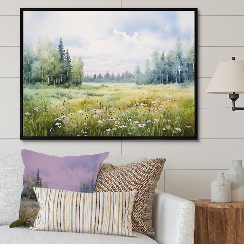 Meadow Scenery Minimalisme V - Art mural prairie, H 24 po x l 32 po x P 1 po, Cadre flottant noir