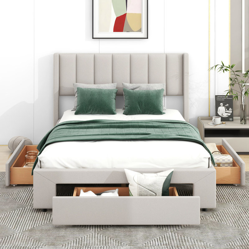 Upholstered Platform Storage Bed, Full/Double, Beige