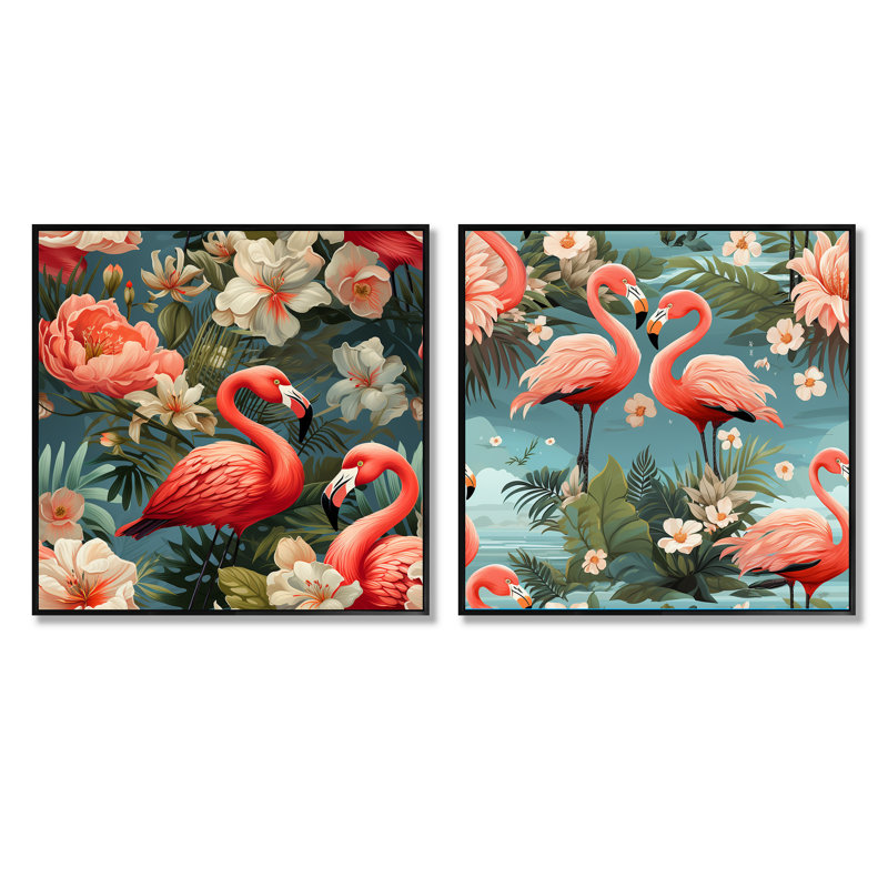 Flamant rose botanique Bliss, Cadre flottant noir, H 30 po x l 61 po