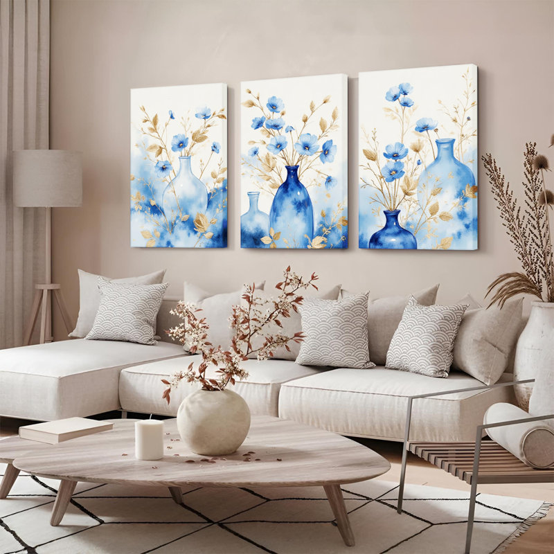 Tableau abstrait sur toile tendue, motif floral bleu et vase (paquet de 3), H 18 po x l 36 po
