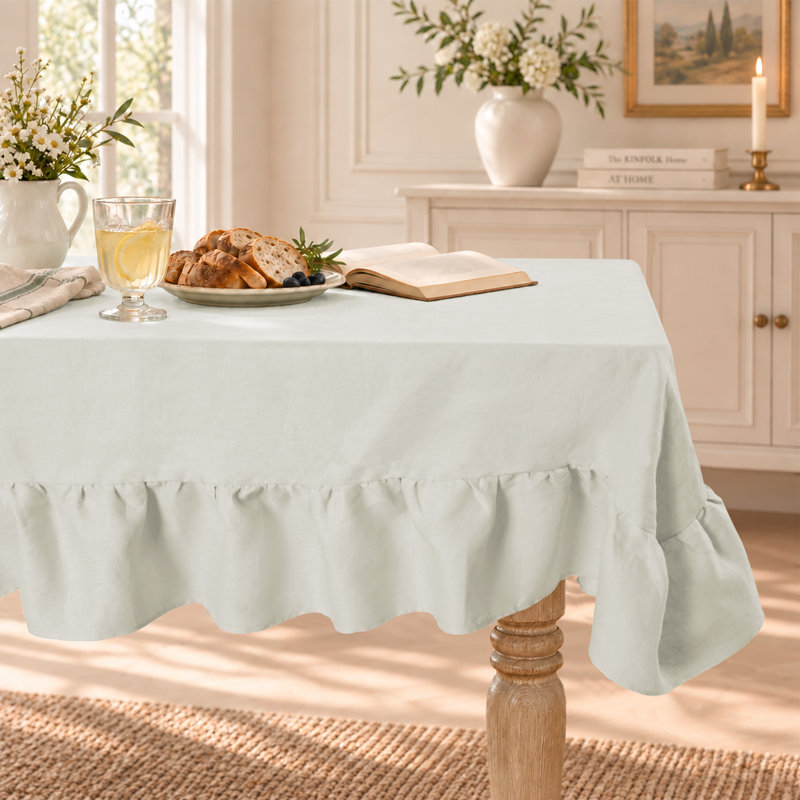 100% Linen Solid Tablecloth with Ruffle Edge, White