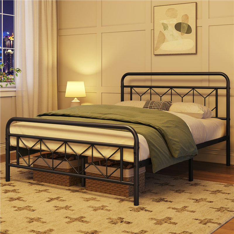 White Queen Metal Platform Bed Frame with Headboard