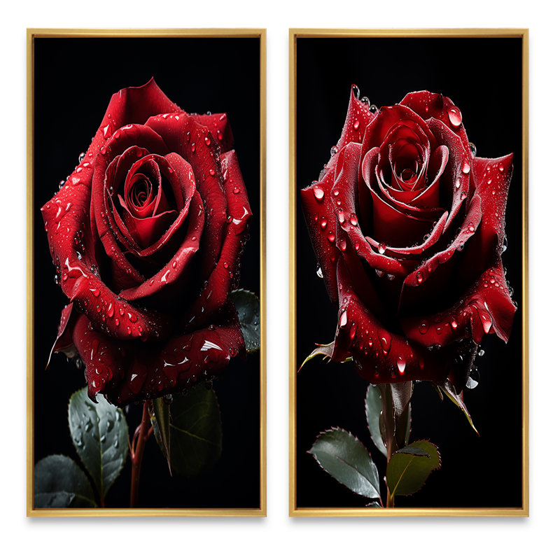 «Red Black Rose Elegance» - 2 pièces sur, Encadrement doré, H 20 po x l 24 po