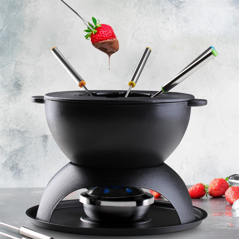 Black Cast Iron Fondue Pot with 6 Colored Forks
