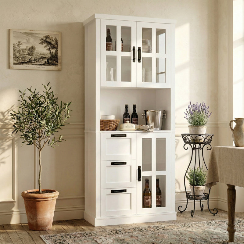 70.9" H White Dining Hutch With 3 Drawers + 2 Glass Door Cabinet