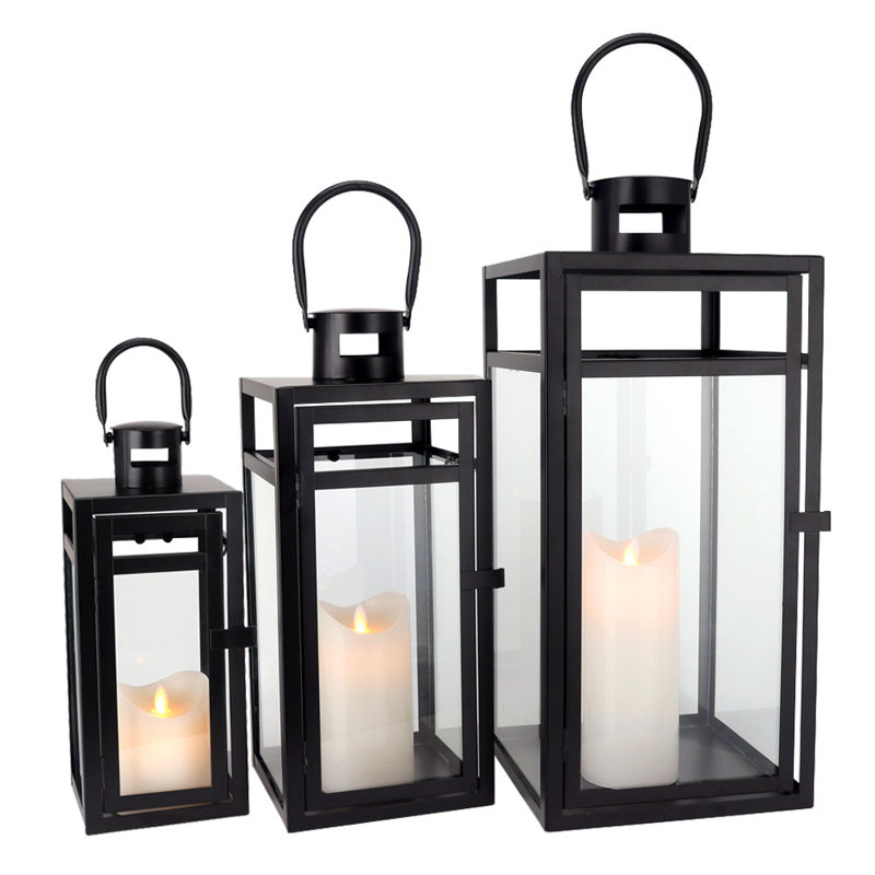 Ensemble de lanternes à bougie en métal - tailles variées (12/15 / 19 pouces), Noir