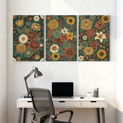 Plantes et fleurs, motif floral avec couleurs riches et ensemble de 3 impressions sur toile de style rétro