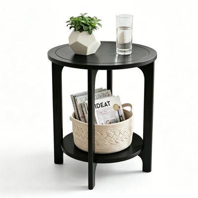 Solid Wood Round Side Table for Living Room, Bedroom, 2-Tier Black Wooden Circle End Table Bedside Table Nightstand