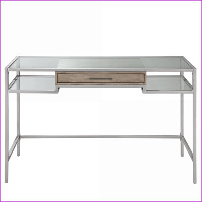 Writing Desk, Contemporary Metal &amp; Tempered Glass with Drawer, 48W x24D x30 | Antique Silver | Wood
