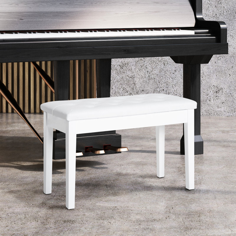 White Piano Chair With Faux Leather Padding And Stable Wooden Support For Duets Padded Duet Bench Construction