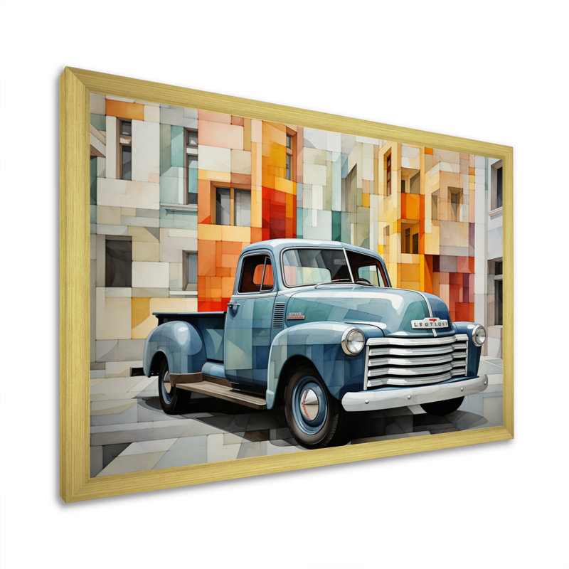 Pickup Truck Geometric Abstraction II - Transportation Wall Art Prints, H 12 po x l 20 po x P 1 po, Cadre doré simple