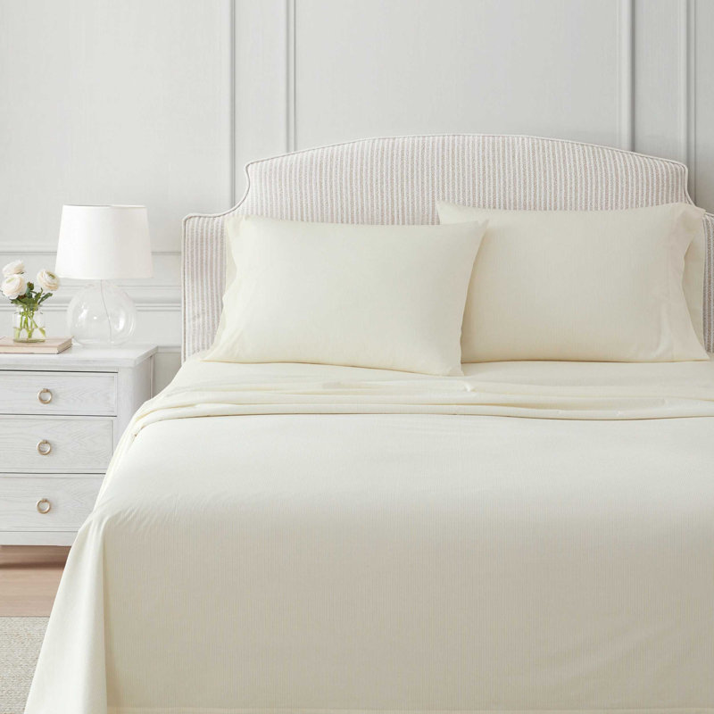 Martha Stewart Cotton Percale  Sheet Set, Queen Sheet Set with 2 Pillowcases, Yellow Stripe