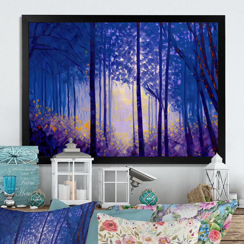 " Blue Watercolor Trees At Dawn ", Black Picture Framed Canvas, 12" H x 20" W x 1" D