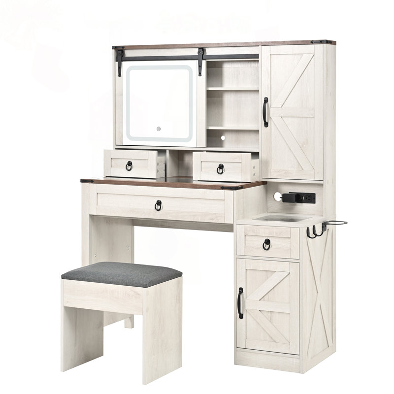 Ensemble de coiffeuse Farmhouse avec miroir coulissant à DEL, rangement et tabouret, White